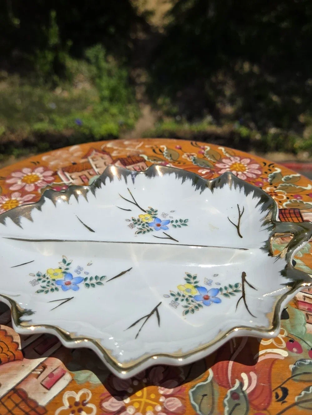 Vintage Porcelain Leaf Trinket Dish Floral Divided Candy Nut Tray Gold Trim Gilt